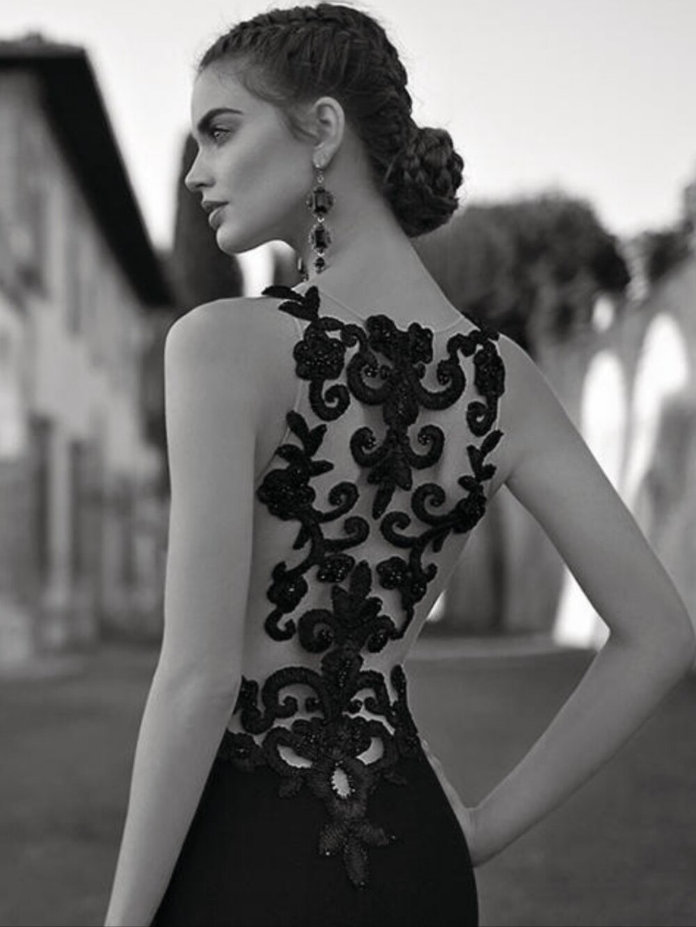 Tarik Ediz 92612 Red Crepe Gown with Embroidered Illusion Back & Train